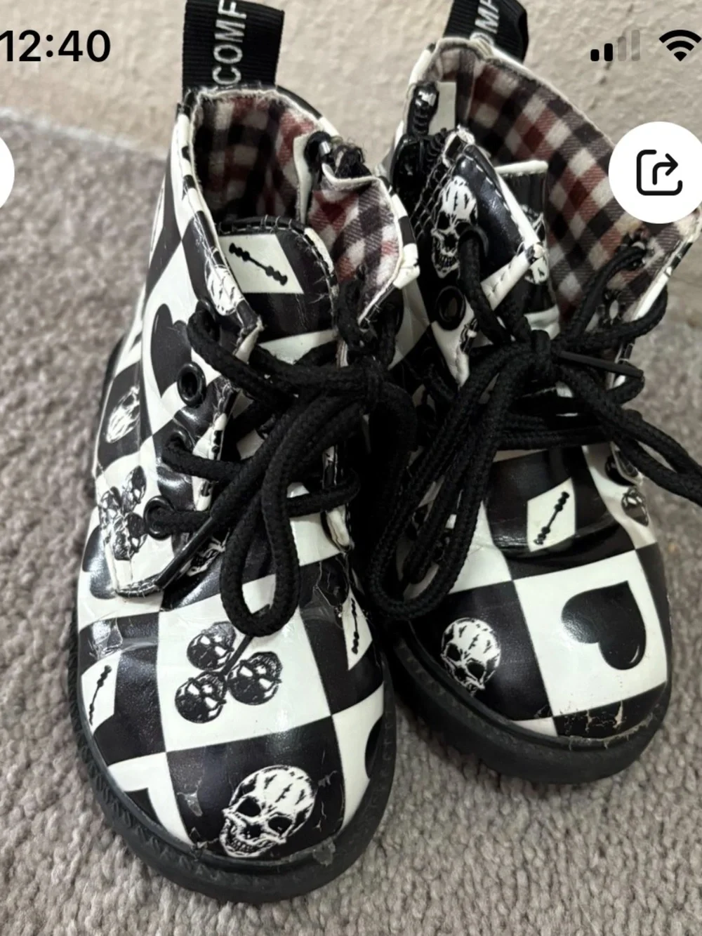 Kids Black and White Checkerboard Skull Lace-Up Boots - Youth Gothic Style